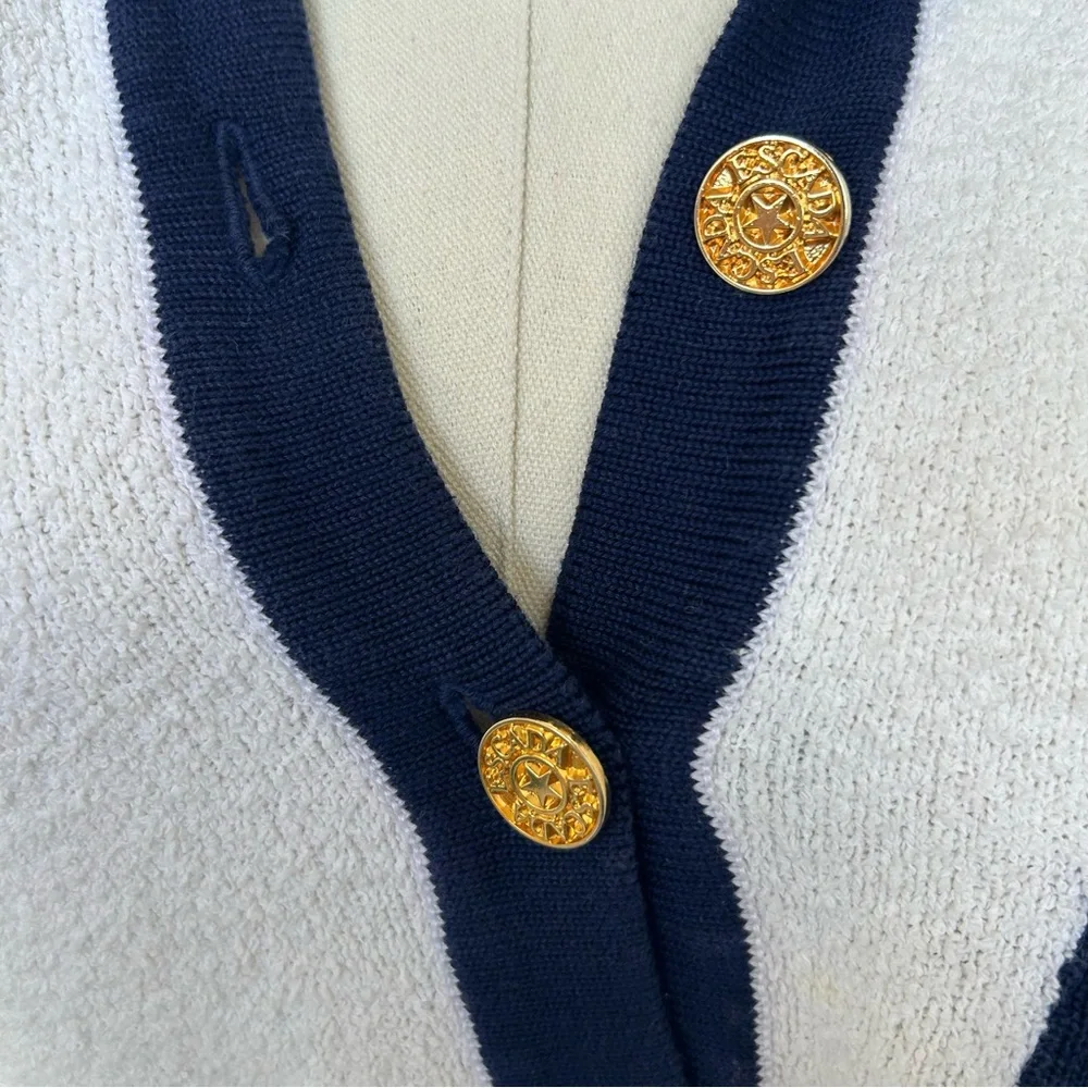 Vintage Escada White & Navy Terry Sequin Collar Button Up Long Sleeve Polo - Picture 9 of 16
